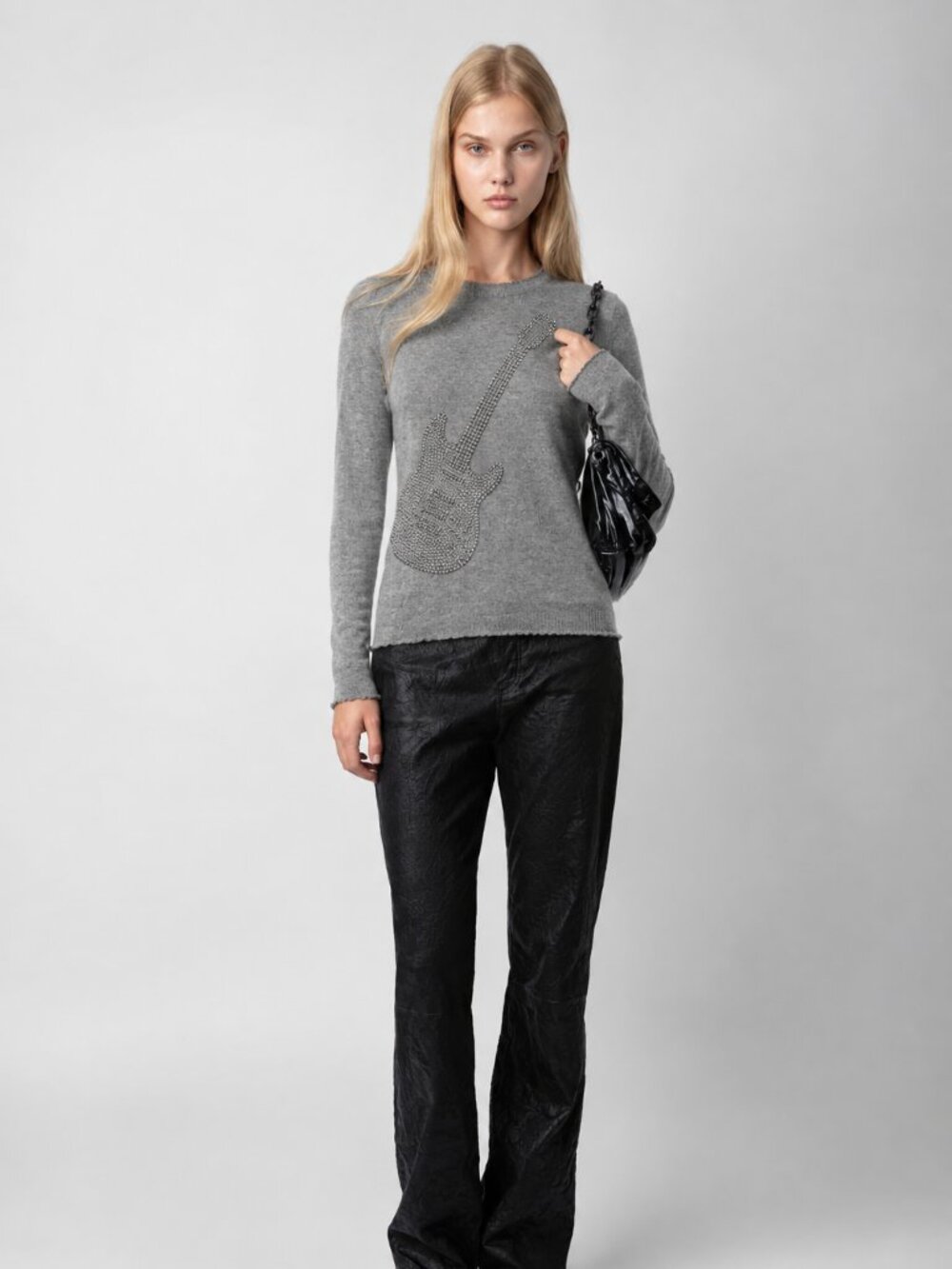 Zadig & Voltaire Rhinestone Guitar 100% Cashmere Sweater Grey XS